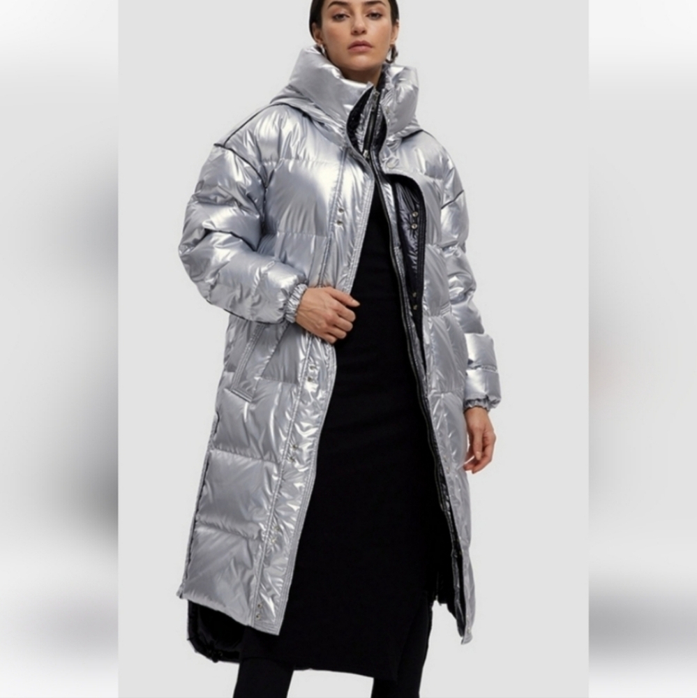 NWT Hooded Quilted Metallic Shell Maxi Down Coat (Silver) - NAP